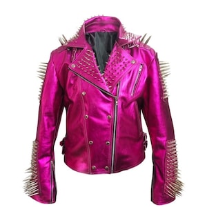 Pink Heavy Metal Studded Jacket – Women’s Punk Rock Leather with Long Silver Spikes, Custom Brando Moto Fit