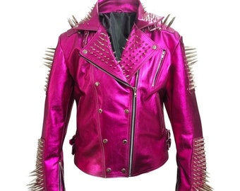 Women Heavy Metal Long Studs Jacket, Personalized Real Leather Pink Jacket, Silver Spiked Long Studs Punk Jacket, Brando Fashion Jacket,