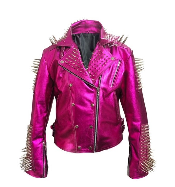 Women Pink Brando Genuine Leather Jacket - Leather Skin Shop