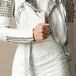 Handcrafted Women Silver Long Studded Genuine Leather Jacket Spiked Stud placed by Hand Belted Biker Brando Fashion Party White Leather