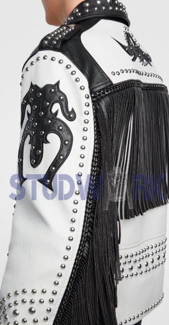 Two Tone Black Leather Jacket, White Cont Genuine Fringe Two Tone Black Leather Jacket, White Cont Genuine Fringe