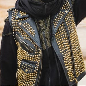 Heavy Metal Biker Vest Jacket Cowhide Leather with Full Golden Cone Studs, Epaulets & Belted Waist