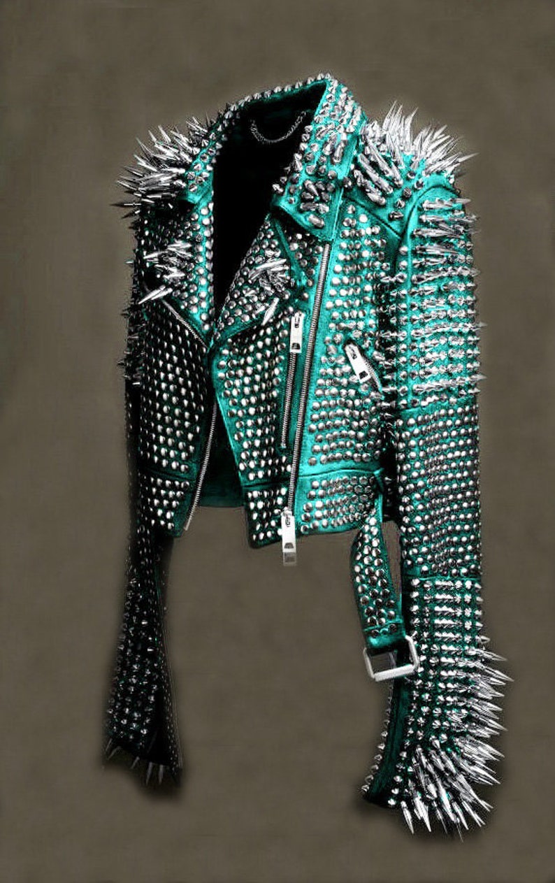 Women Turquoise Blue High Res Spiked Studded Leather Jacket - Etsy