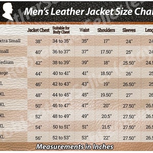 Op de afbeelding: Een maattabel voor leren jassen, met de maten in inches voor de borst van de jas, de borst van het lichaam, de taille, de schouders, de mouwen en de lengte. De maten vari&euml;ren van extra klein tot 6XL.
