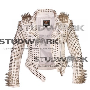 Classic White Brando Belted Leather Jacket Silver Spike Studded Leather Brando Jacket Spiked, Men White Leather Jacket Gents Biker Jacket