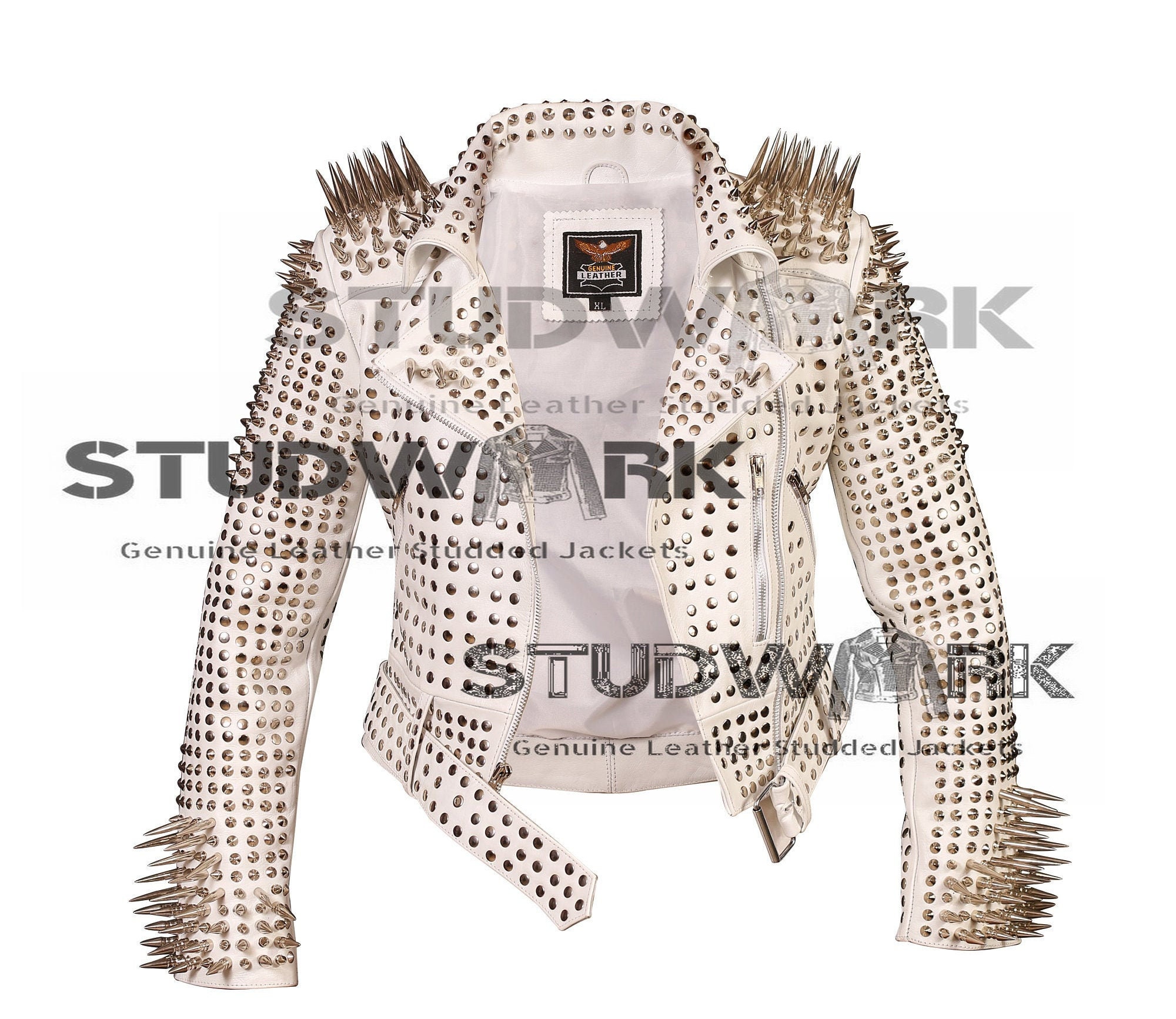 Classic White Brando Belted Leather Jacket Silver Spike