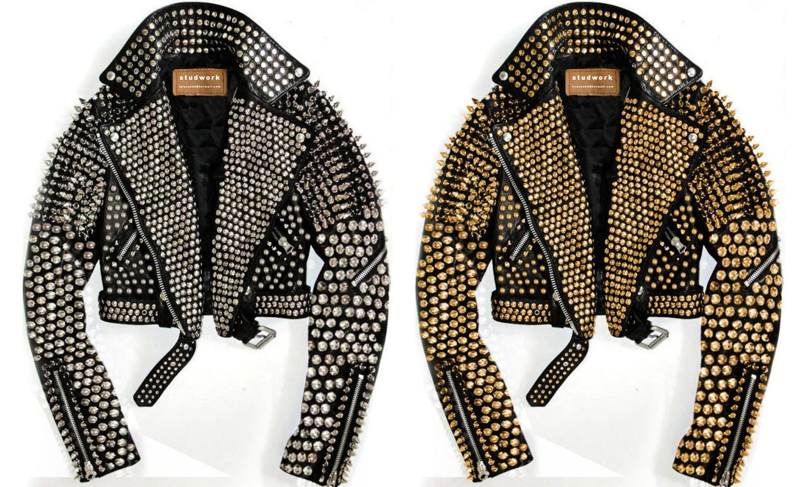 Women 2 Jackets Pair Black Leather Jacket With Golden and Silver