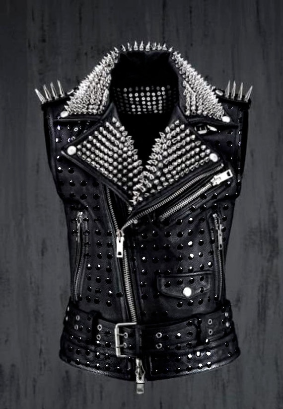 Men Silver Black Studded Belted Leather Vest, Men Silver Men Silver Black Studded Belted Leather Vest, Men Silver