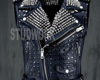 Frost Burn Navy Blau Ärmellose Jacke Punk Leder Handgefertigte Spikes und Studwork Weste Jacke