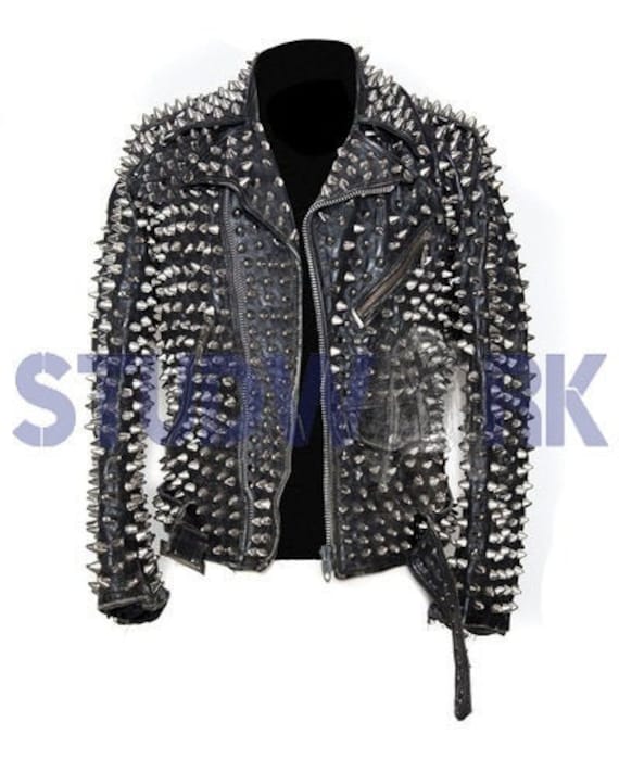 Mens Biker Jacket Silver Motorcycle Slim Fit Goth Punk Moto Leather Jacket