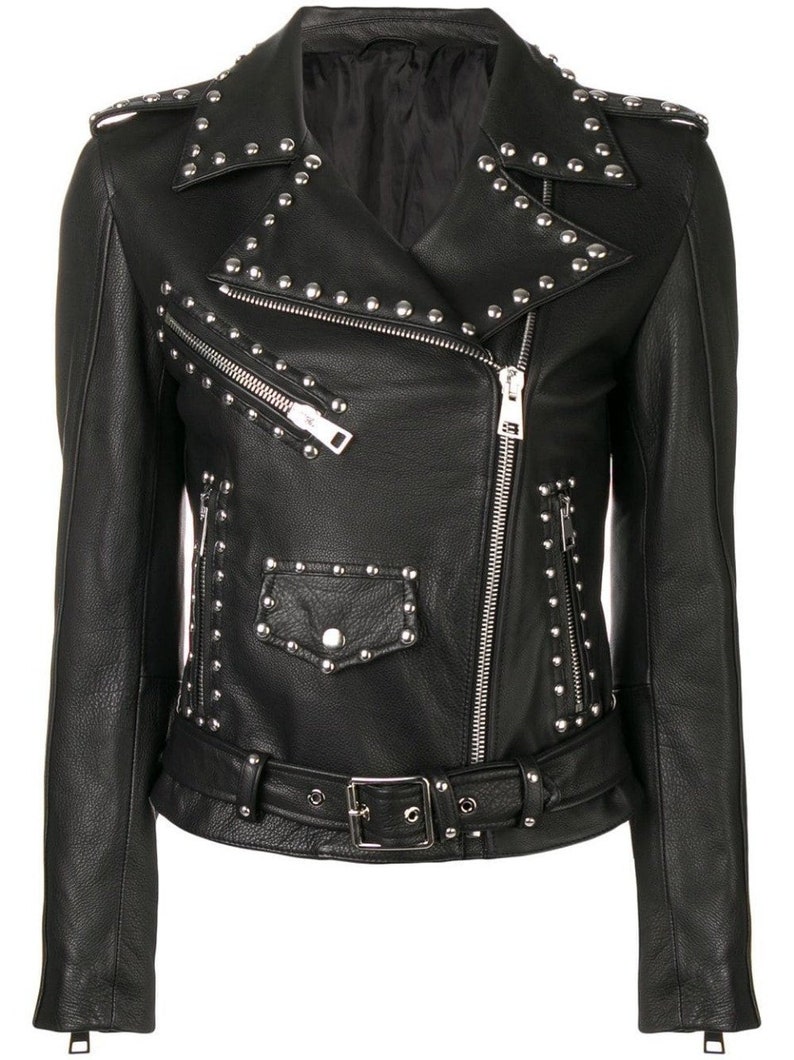 Women Silver Studded Leather Jacket Spiked Color Studs Real Black Handmade Studwork