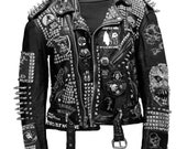 Giacca Uomo In Pelle Di Vitello Fatta A Mano - Stile Steampunk Con Borchie - Multicolore Argento/Oro - Foto 4