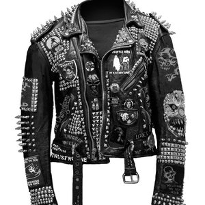 Black and White Patches Jacket Studded Genuine Leather Punk Men