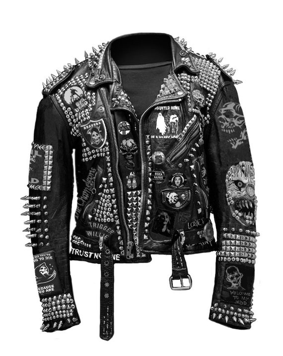 Black and White Patches Jacket Studded Genuine Leather Punk
