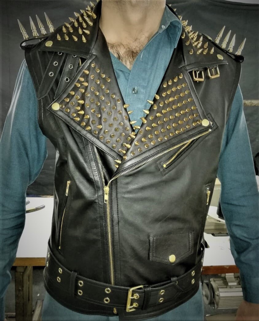 Gold Studded VEST JACKET HANDMADE Men Black Punk Silver Long Gold Studded VEST JACKET HANDMADE Men Black Punk Silver Long