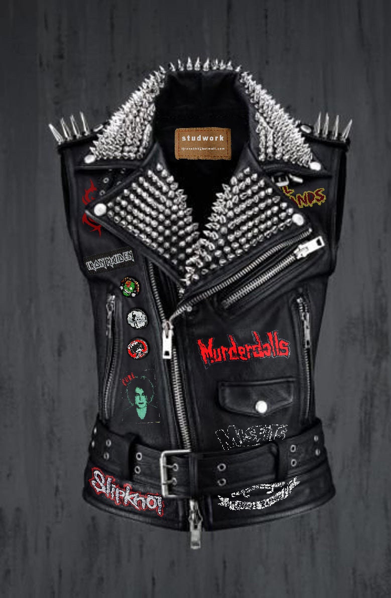 Black Leather Waist Belted Outer Wear, Murderdolls Slipknot Patches, Men Fashion Biker Jacket, Spiked Studded Gothic, Misfit Vest Jacket, - Etsy Black Leather Waist Belted Outer Wear, Murderdolls Slipknot Patches, Men Fashion Biker Jacket, Spiked Studded Gothic, Misfit Vest Jacket, - Etsy