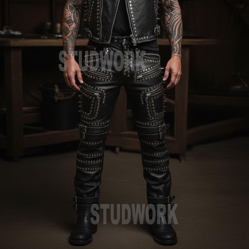 May include: Black leather trousers with silver studs and zips. The trousers have multiple pockets and buckle details. The word "STUDWORK" is printed on the trousers. Part of a leather outfit.