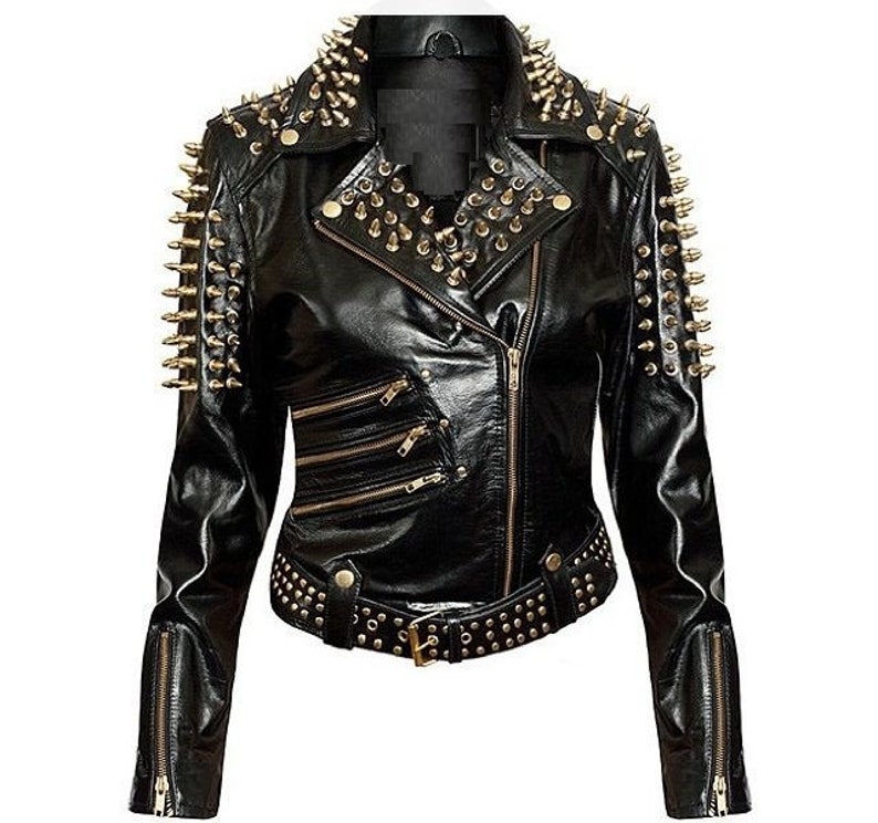 Handmade Woman Plain Black Studded Leather Jacket Spike Belted Etsy