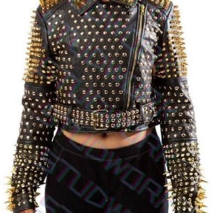 Women’s Punk Leather Jacket – Golden Spikes, Brando Waist Belted Moto Fit, Custom Gothic Biker Fashion