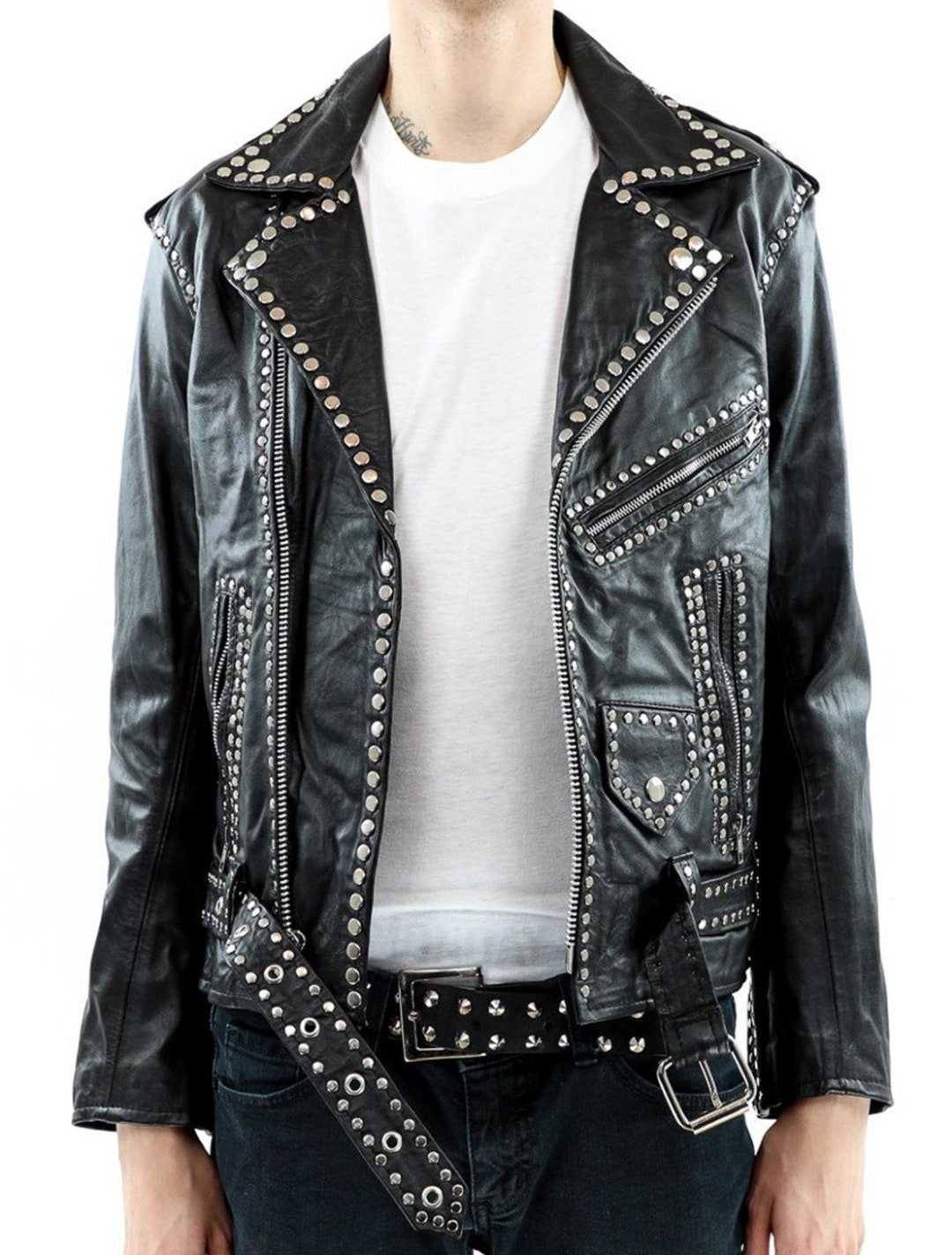 Men Silver Studded Jacket Black Punk Silver Spiked Leather Belted