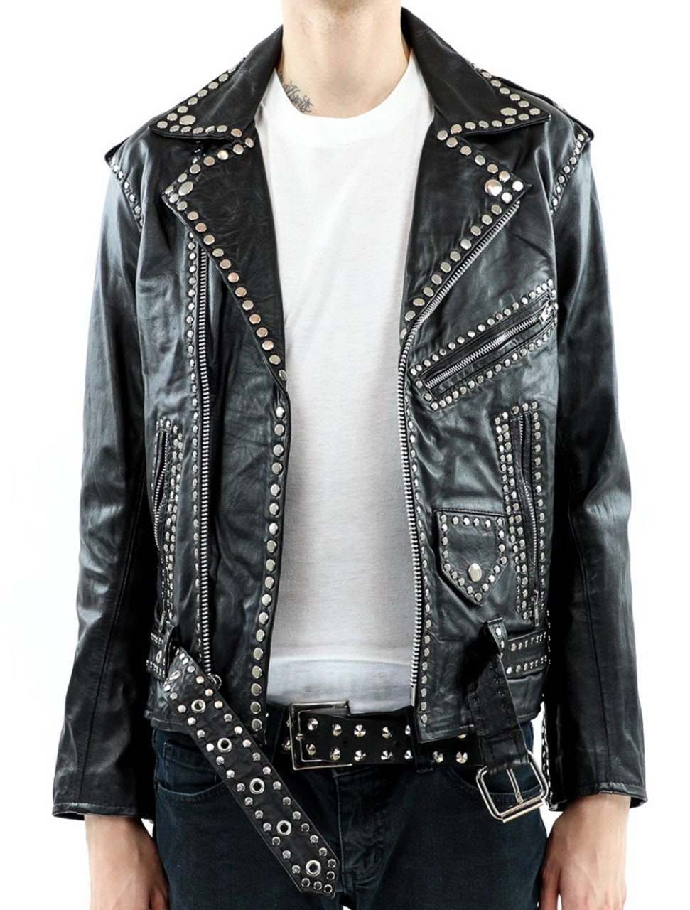 Men Silver Studded Jacket Black Punk Silver Spiked Leather Belted Biker Jacket Side Zipper Pockets Spiked Studded Leather Jacket