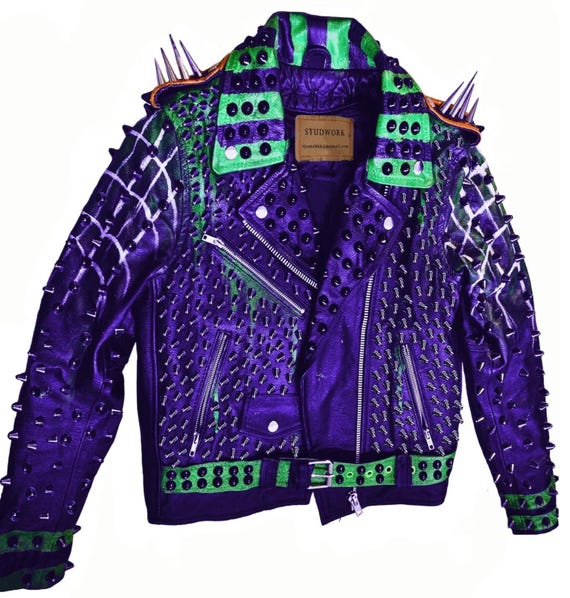 Purple Green Studded Leather Jacket Men's Brando Belted Purple Green Studded Leather Jacket Men's Brando Belted