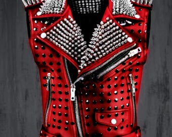 Motorbike Red Leather Vest Spiked Collar Studded Panels & Gothic Punk Steampunk Rebellion Sleeveless Jacket