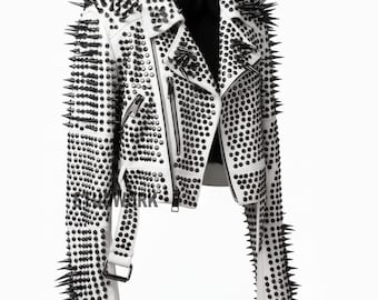 Men’s White Leather with Black Spikes & Iron Maiden Patch Gothic Punk Handmade Jacket