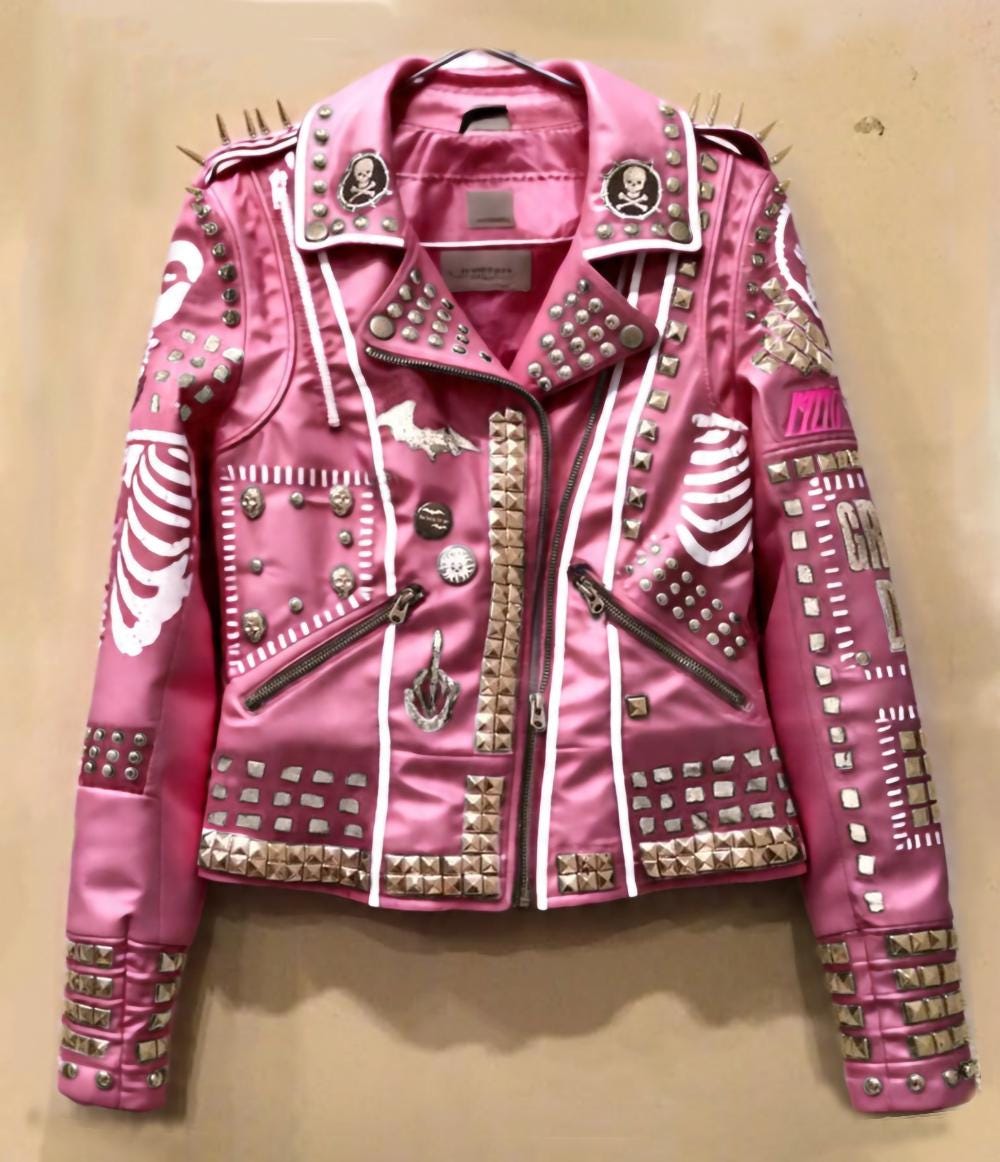 Venom Pulse Women's Pink Leather Jacket With Punk Patches