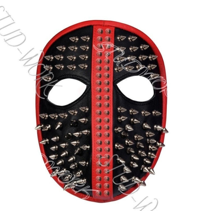 Steam Punk Leather Studded Mask Red and Black Unixes Silver Studded Leather Punk Face Mask Tree Spike