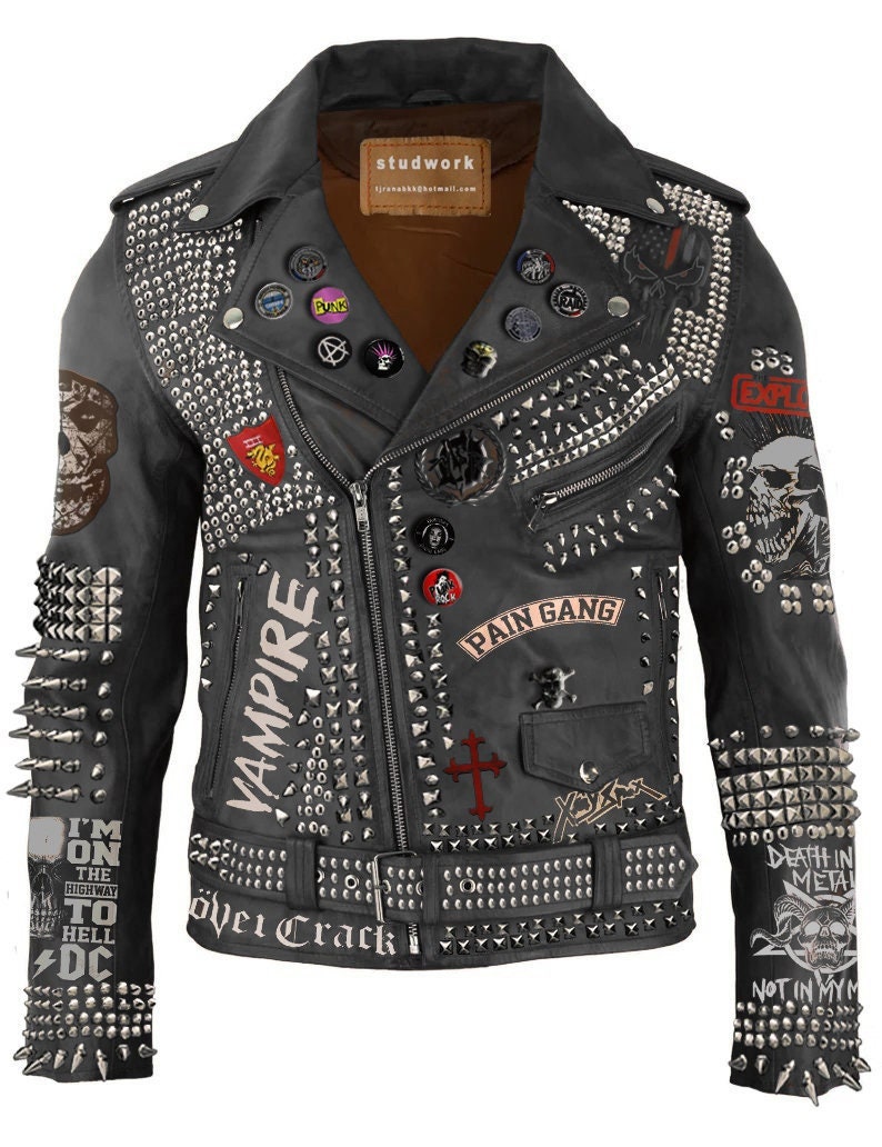 Men's Gothic Punk Biker Jacket – Black Leather With Spikes, AC/DC