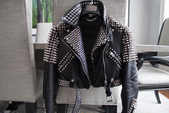Handmade Brando Style Punk Silver Spiked Woman Studded Cowhide Leather  Jacket