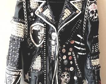 Personalized Men&#39;s Patches Studded Jacket, Made To Order Premium Leather Gothic Jacket, Motorbike Punk Silver Studs Fashion Jacket,