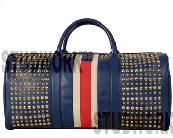 Grid Hide Blau Nieten Seesack mit Tricolor Streifen Handgemachte Erklärung Goldene Nieten Gepäck Tasche
