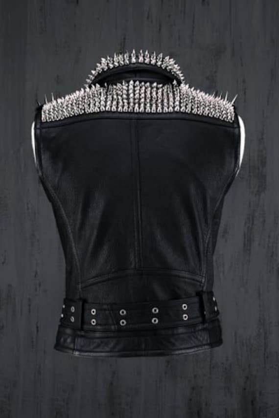 VEST JACKET HANDMADE Men Black Punk Silver Long Spiked VEST JACKET HANDMADE Men Black Punk Silver Long Spiked