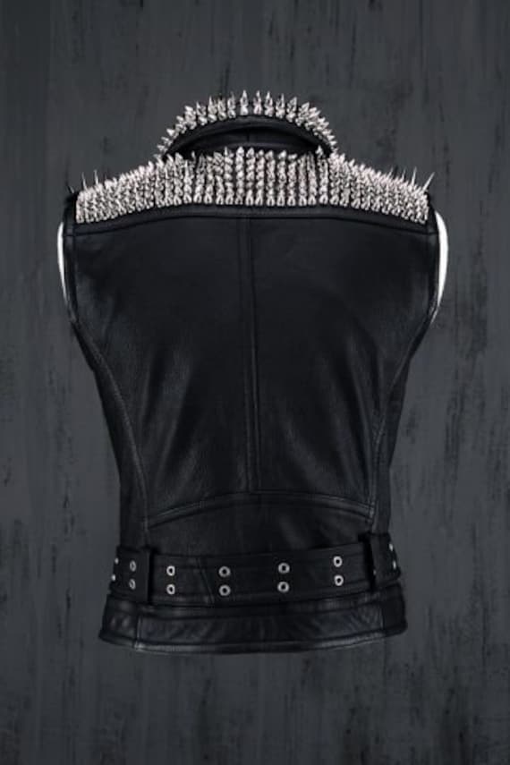 Vest Jacket Handmade Men Black Punk Silver Long Spiked Studded Leather Buttons Up Vest Silver Studs and Spikes Black Leather Studs Spike