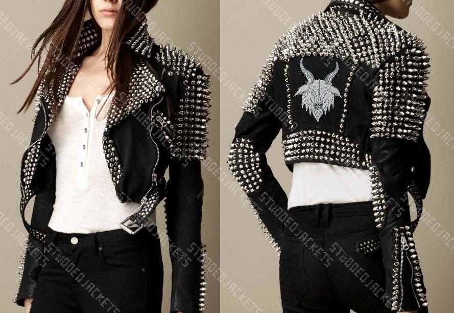 Women Motorcycle Black Color Jacket, Handmade Silver Studs Jacket, Spiked Studs  Jacket, Brando Waist Belt Jacket, Personalized Lapel Collar, 
