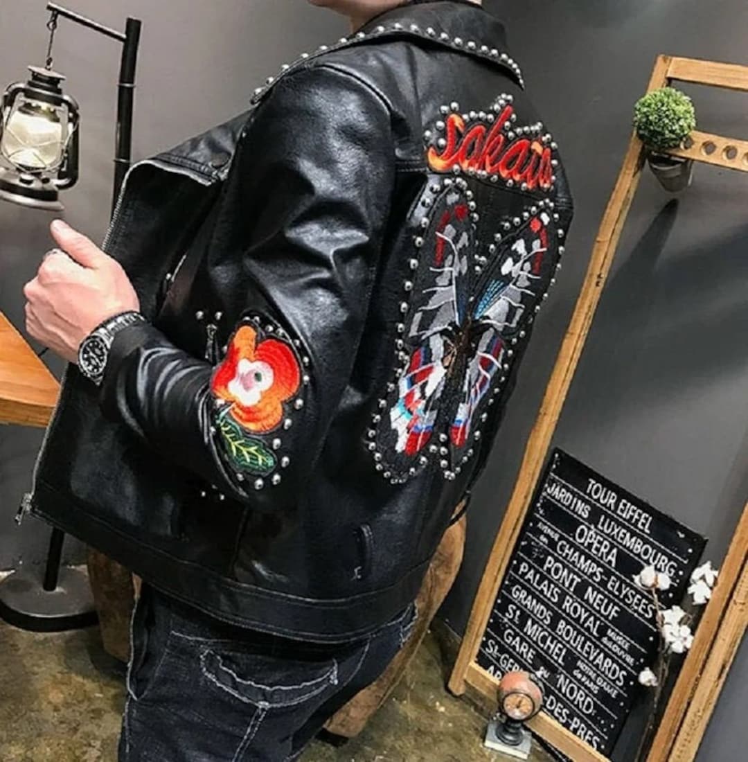 Brando Style Patches Leather Jacket Men, Black Fashion Outer Brando Style Patches Leather Jacket Men, Black Fashion Outer