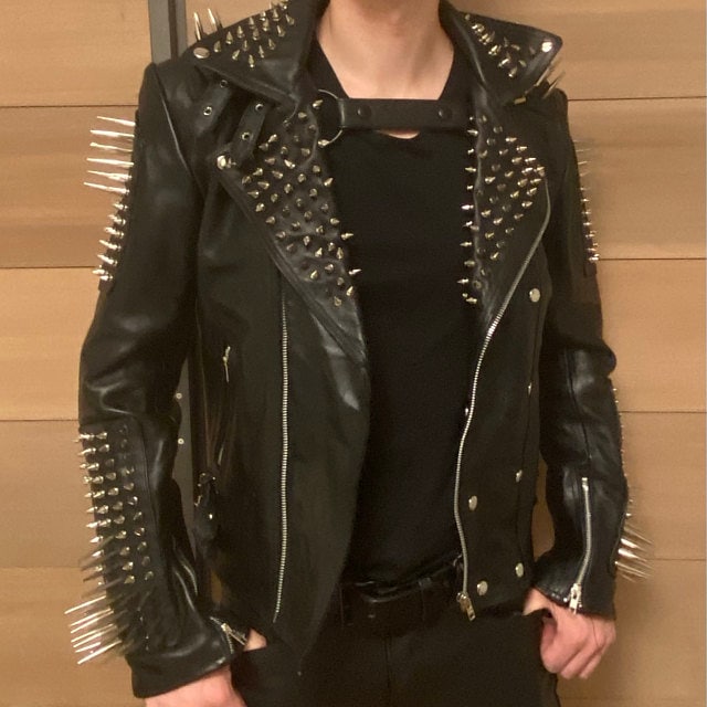 HANDMADE Mens Full Black Punk Silver Long Spiked Studded Leather
