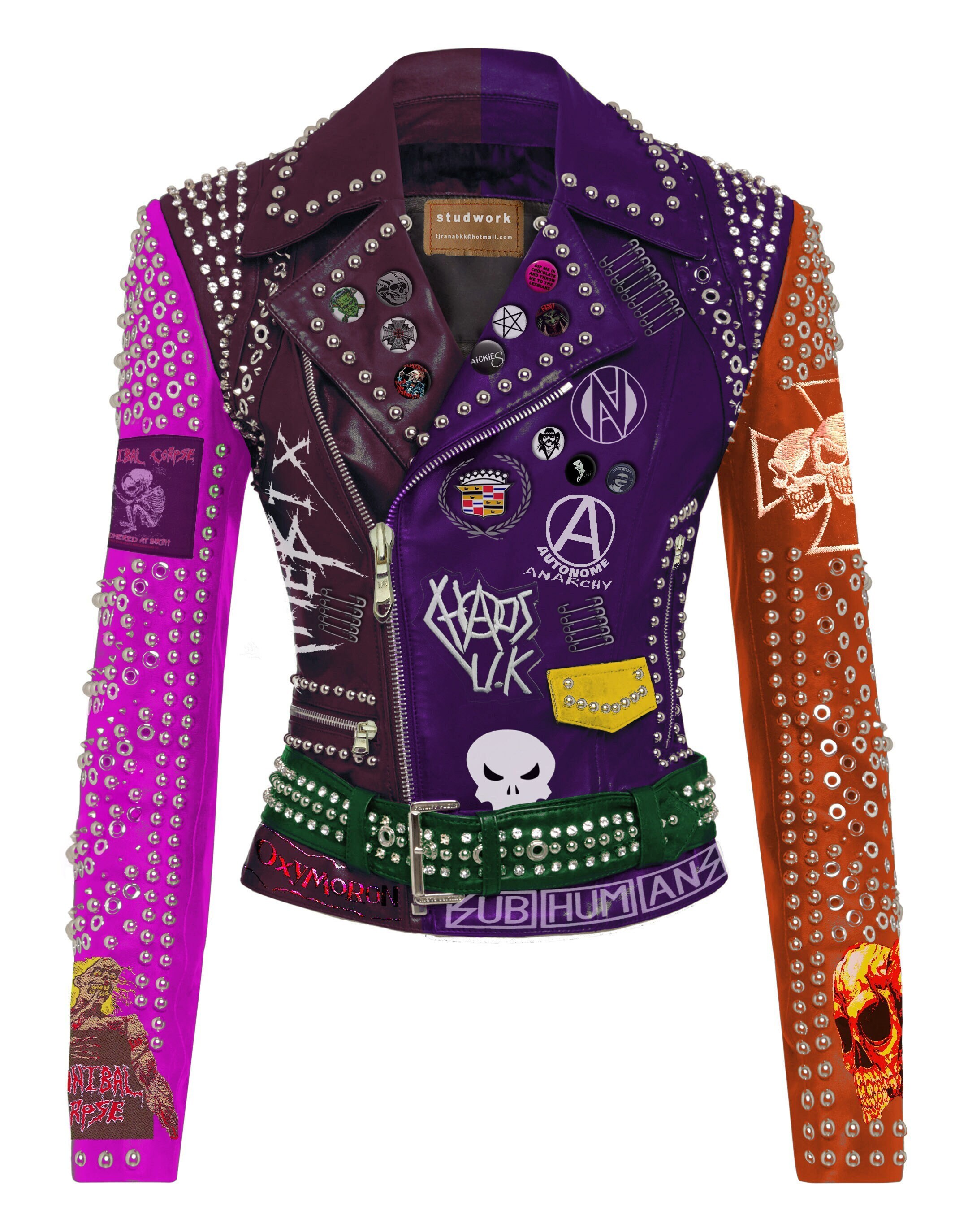 Cannibal Corpse Leather Gothic Outfit, Women's Multicolor Studded Jacket, Punk Rock The Blood Exploited, Biker's Motorbike Patches Jacket,