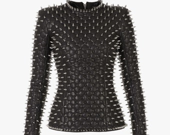 WOMEN Silver Studded Leather Jacket TOP ONLY, Spiked Leather Jacket, Women Steam Punk Spike Jacket, Gothic Hippie Silver Spikes Jacket Women