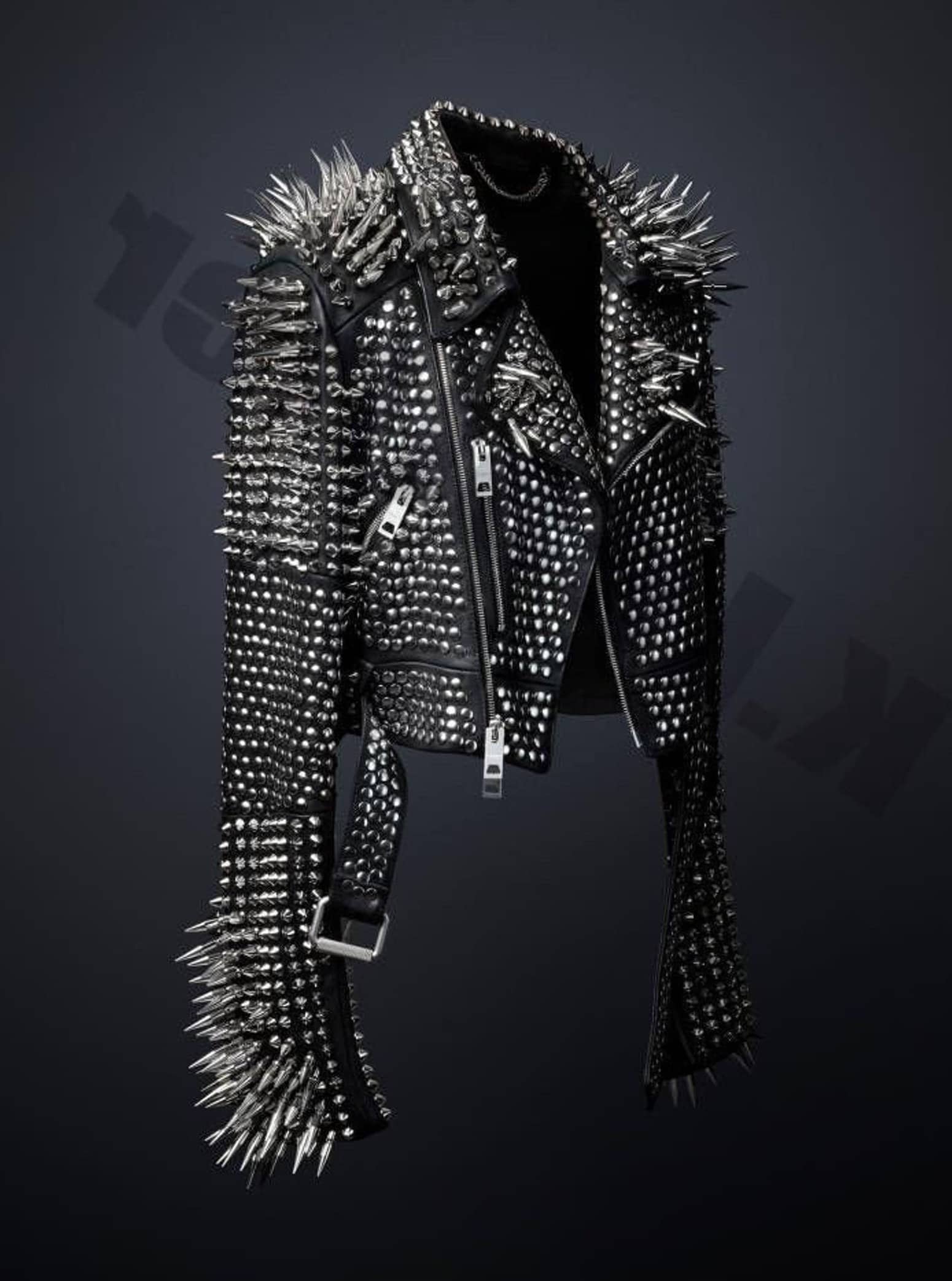 新作メンズ フルブラック パンクシルバー ロングスパイクスタッズ