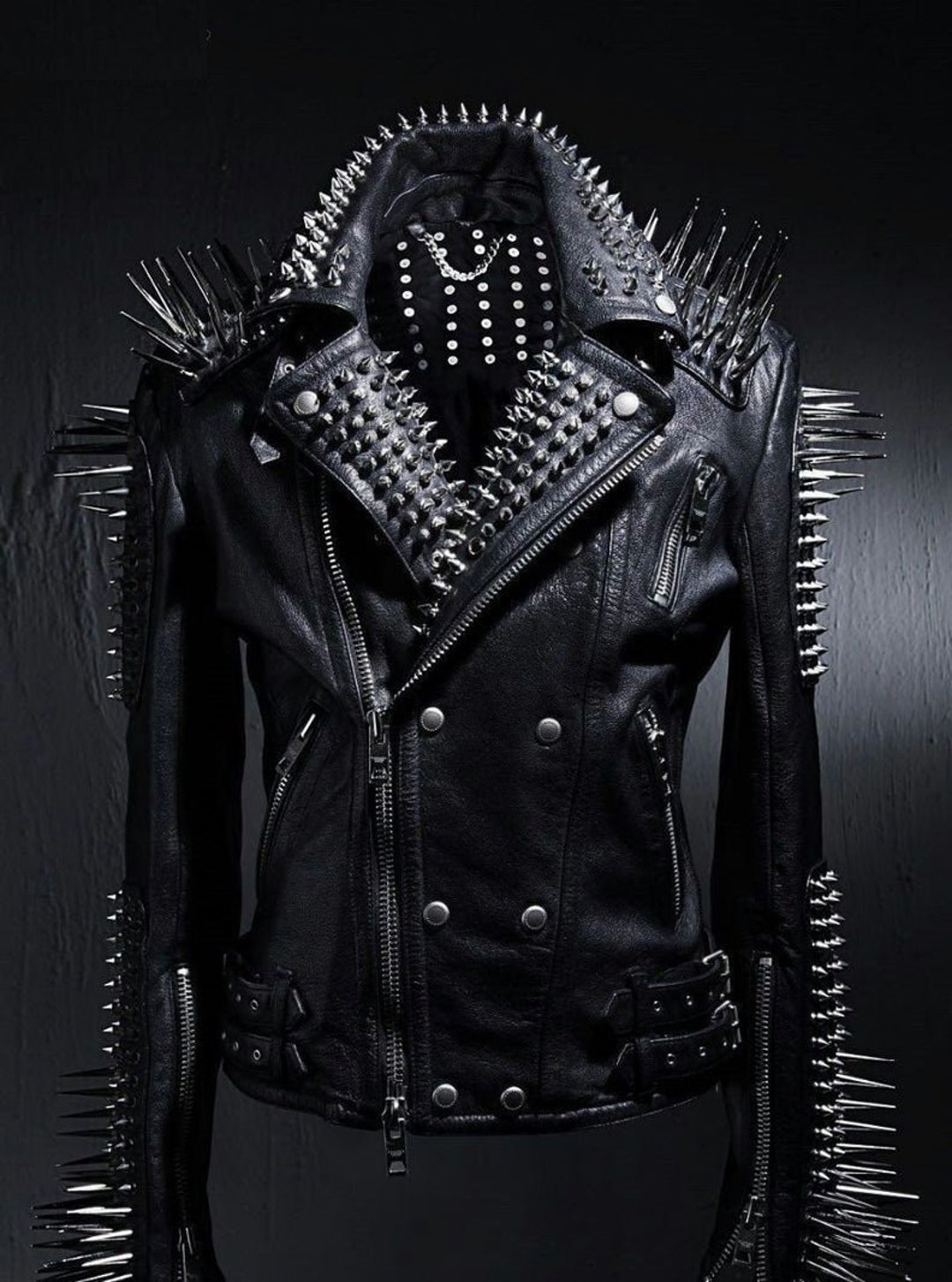 leathersguru Men Black Punk Silver Long Spiked Studded Leather Buttons Up Vest Silver Studs and Spikes Black Leather Studs Spike Large