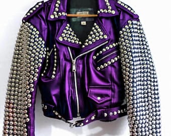 Women Biker Violet Vixen Jacket Spiked Leather, Belted Edge & Femme Rebellion