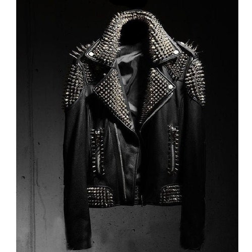 Men's Spiked Punk Jacket, Shoulder Epaulets Jacket, Handmade Black