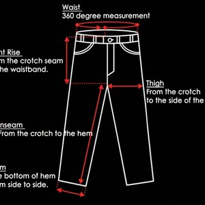 May include: Diagram illustrating pant measurements, including waist, front rise, thigh, inseam, and hem. The labels are in white against a black backdrop, providing a clear guide to garment sizing.