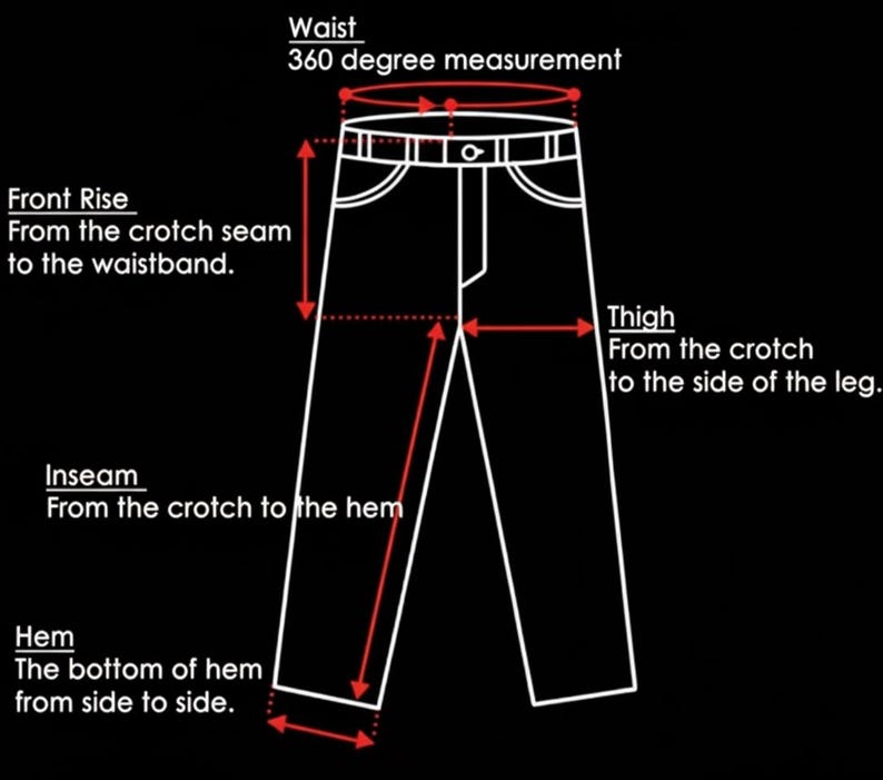 May include: Diagram illustrating pant measurements, including waist, front rise, thigh, inseam, and hem. The labels are in white against a black backdrop, providing a clear guide to garment sizing.