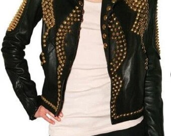Golden Studded Leather Jacket | Women's Steampunk Rocker Fashion