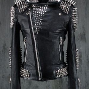 HANDMADE Men Black Punk Silver Long Spiked Studded Leather Buttons up ...