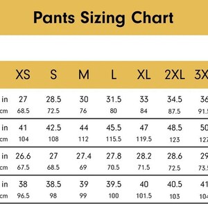 May include: A pants sizing chart with measurements in inches and centimetres. The chart includes sizes XS to 4XL, detailing waist, hips, inseam, and outseam measurements. The waist measurements range from 68.5 cm to 95 cm.